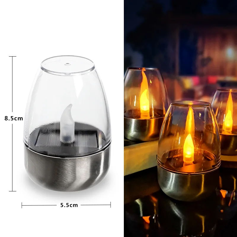 2024 New Arrival Waterproof Solar Power LED Candle Light Auto On Off  Stainless Steel Base Candle Lamp
