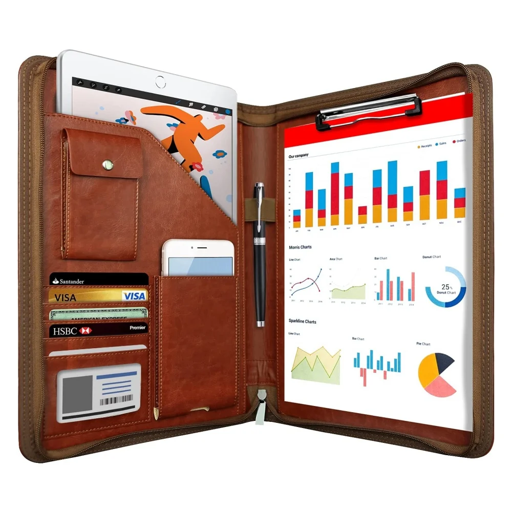 Leather Planner Binder Zippered Padfolio Business Card Holder Organizer Portfolio Folder for Documents