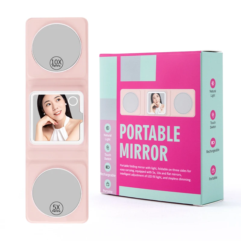 Spot Goods Pu Material Fold Travel Cosmetic Mirror Portable Hand Pocket Mirror Compacts Mini Led Vanity Mirror