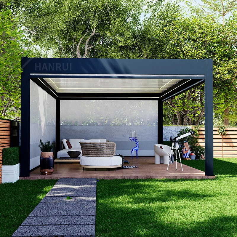 Индивидуальные сверхмощные моторизованные алюминиевые жалюзи pergola с датчиком погоды Водонепроницаемая алюминиевая беседка для улицы