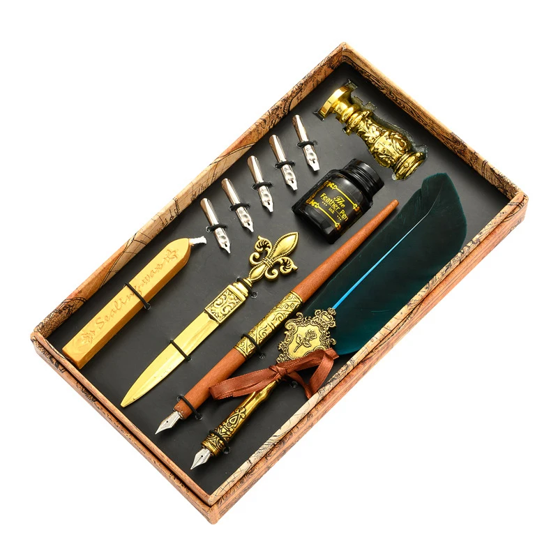 New Product Arrival Calligraphy Pen Vintage Feather Fountain Pen Gift Set with Seal Wax Stamp