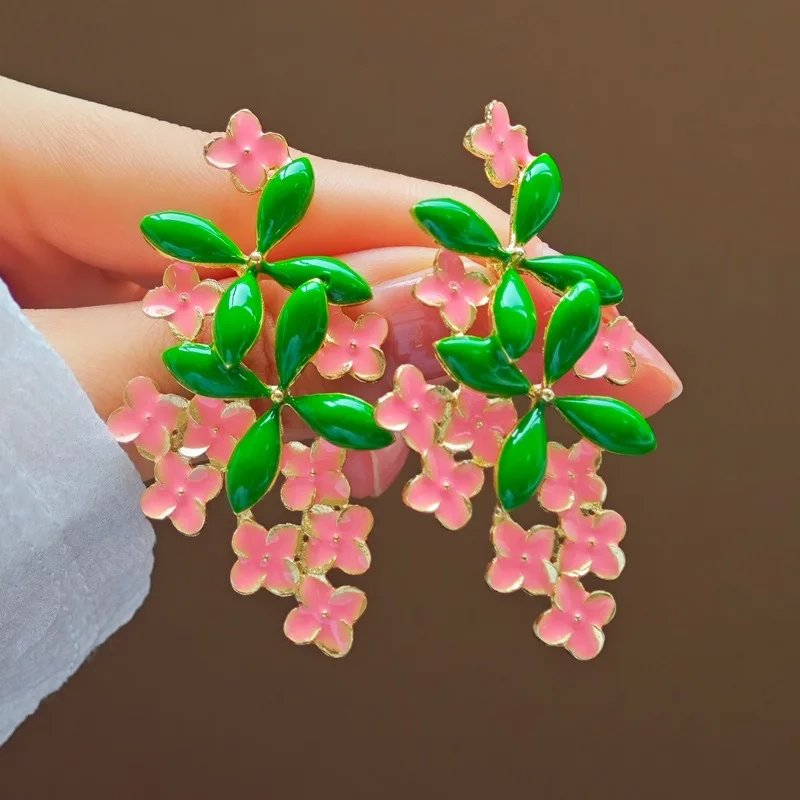 Elegant Women Zinc Alloy Clear Style Enamel Country-Style Gifts Leaves Pink Flower Earrings