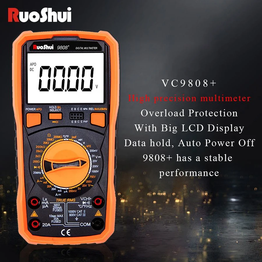 9808 + RuoShui Цифровой мультиметр 2000 мкФ постоянной ёмкости универсальный конденсатор 20 МГц Частота Температура индуктивность 1000V 20A