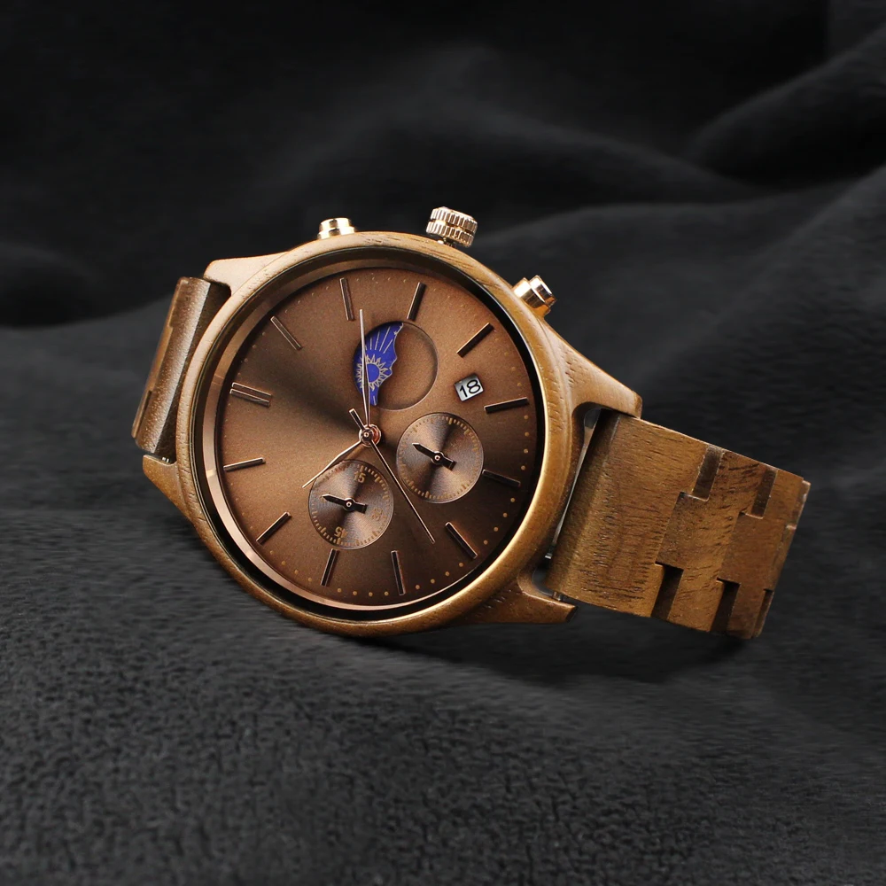 Best Gift Full Natural Walnut Wood Band Quartz Moon Phase Calendar Male Wristwatch Fashion Men Chronograph Wooden Watch