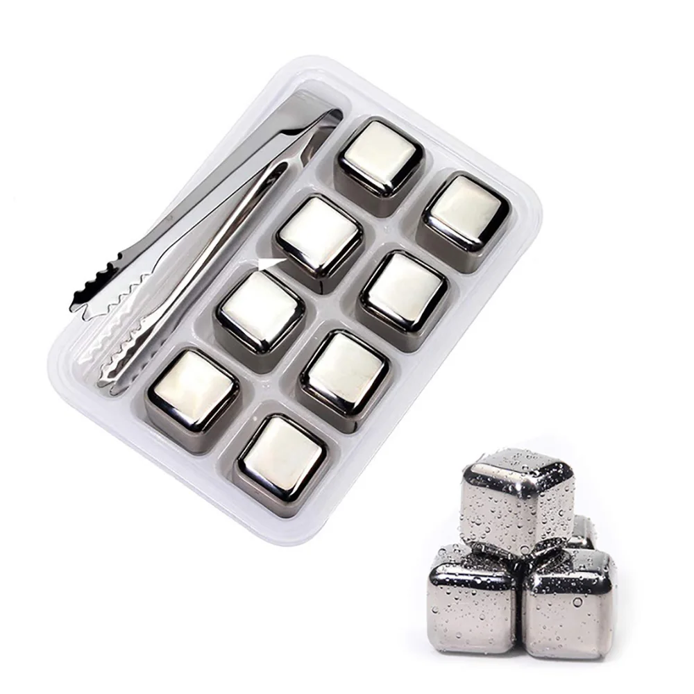 8-Pieces Reusable Stainless Steel Ice Cubes Whiskey Stones Gift Set for Bourbon Cognac Gin Wine Beverage