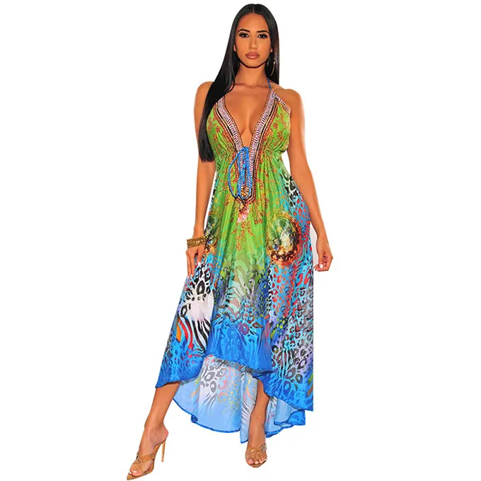 Hot sell summer printing women lady long beach wear casual style fashion Maxi Dress