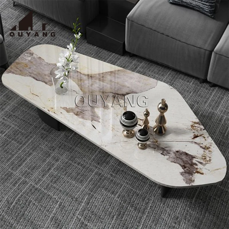 QUYANG Luxury Dining Room Table Design Modern Style White Irregular Natural Stone Table Top Marble Dining Table