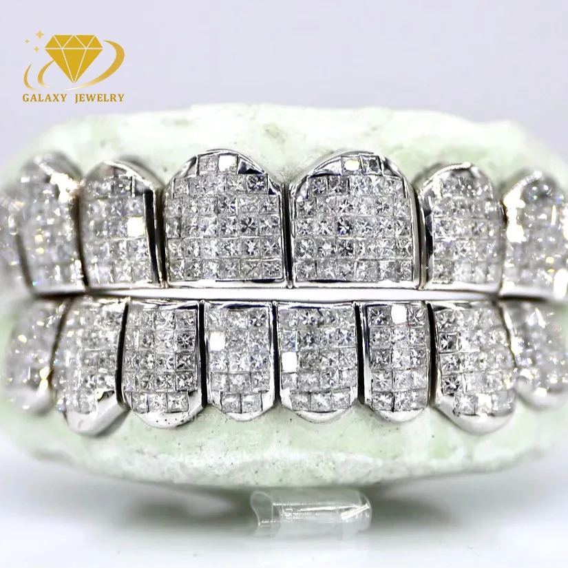Princess Cut Vvs Moissanite Diamond Grillz 925 Silver Iced Out Teeth Grills Hiphop Invisible Setting Moissanite Custom Grillz
