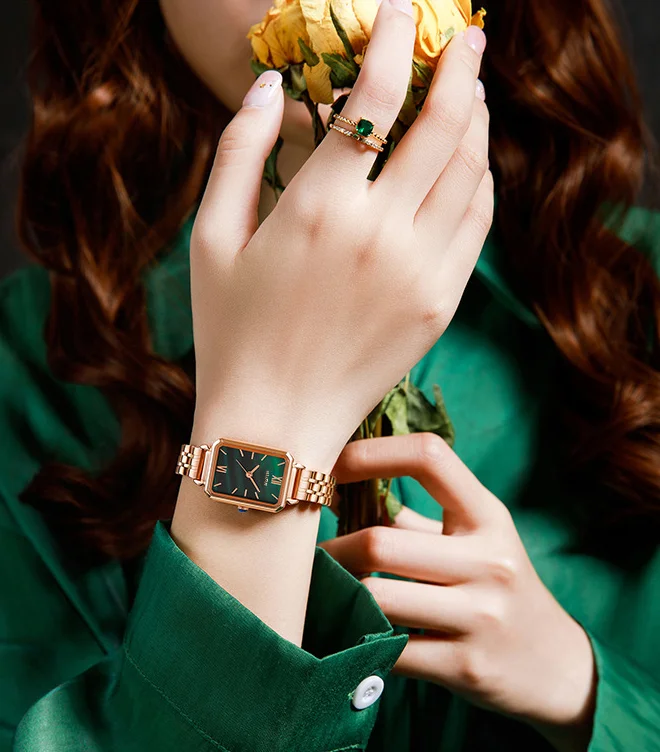 Green Square Women Watches Steel Band Fashion Casual Quartz Ladies Watch Rose Gold Female Women Waterproof Watch