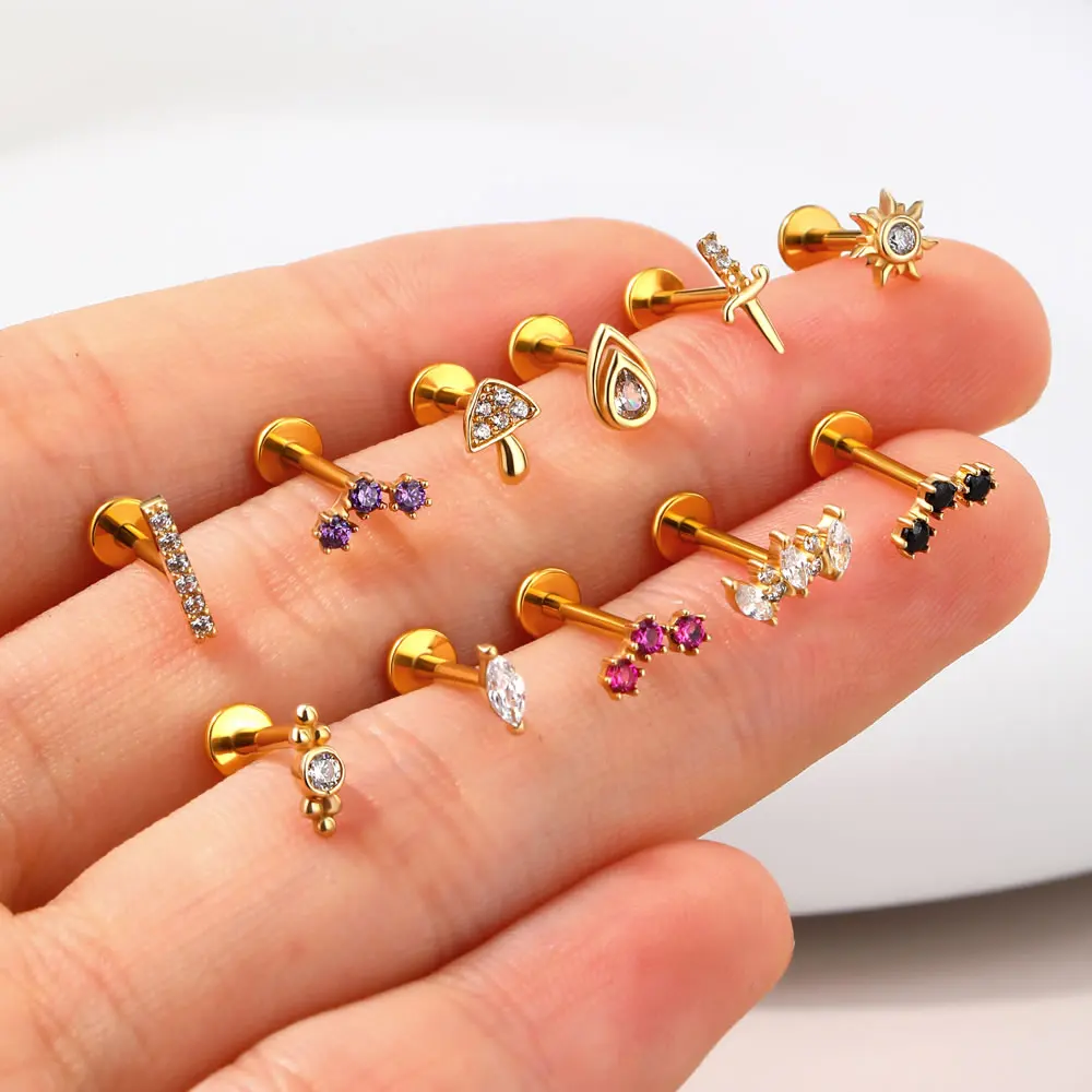 Wholesale Colorful Internally Threadless Flat Back Cartilage Earring 14K Solid Gold Labret Piercing Jewelry Lip Studs