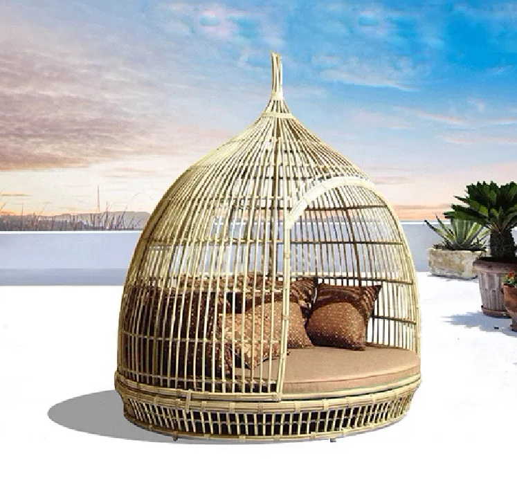 Patio Round Rattan Daybed Furniture Garden Backyard Swimming Pool Outdoor Rattan Wicker Birdcage Sun Bed