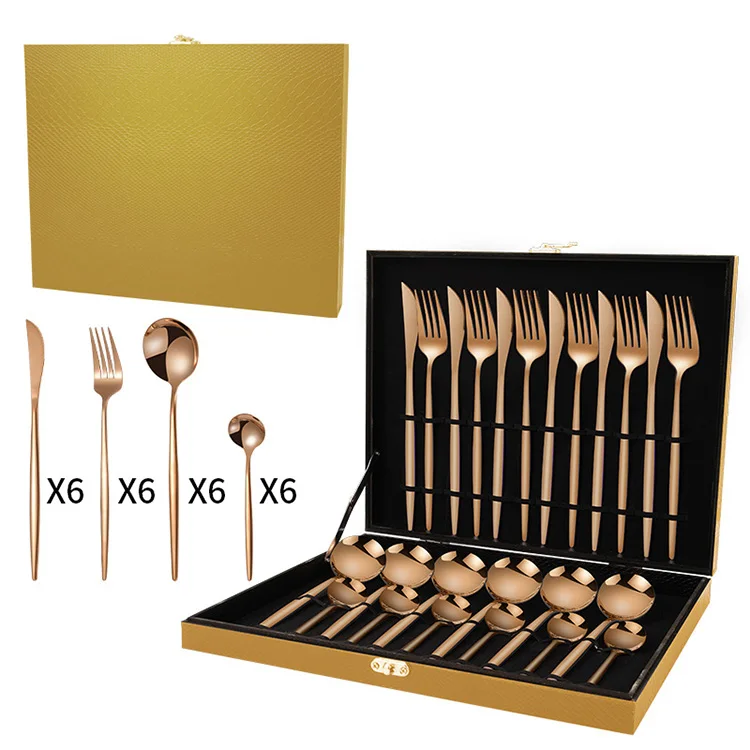 Luxury Royal Wedding Stainless Steel tableware 24 Pieces Gold Flatware Set Mirror Polish Dinnerware Set