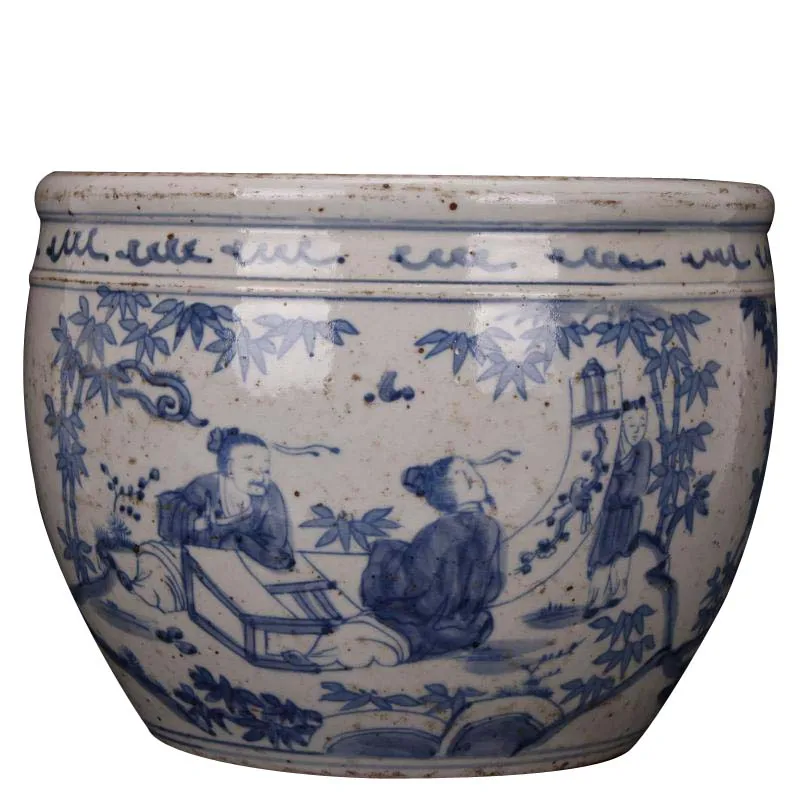 Antique Hand Painted Chinese Blue and White Large Outdoor Ceramic Pots Retro vintage ceramic large vat outdoor flower pot