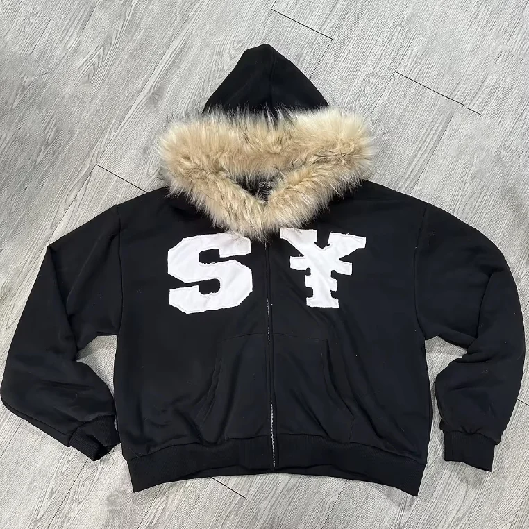 High Quality Long Sleeve Custom Logo Lightweight Zip Up Hoodie Jackets Manufacturer Warm Winter Applique Embroidery Fur Jacket
