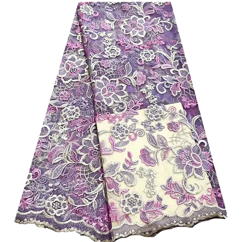 Fabric Embroidered Flower Jacquard Women Tricolor Embroidery Colorful Mesh Lace 100% Cotton 5 Yards