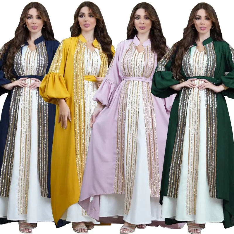 Plain Color Puff Sleeve Glitter Lace Flower Decoration Waist Tie Traditional Muslim Clothing 2 Piece Abaya Sets