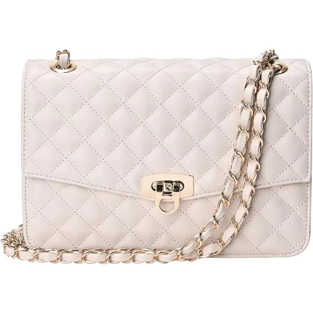 Quilted Shoulder Bag for Women, Medium Flap Crossbody Handbag with Chain Strap, Soft Vegan Leather Clutch Purse