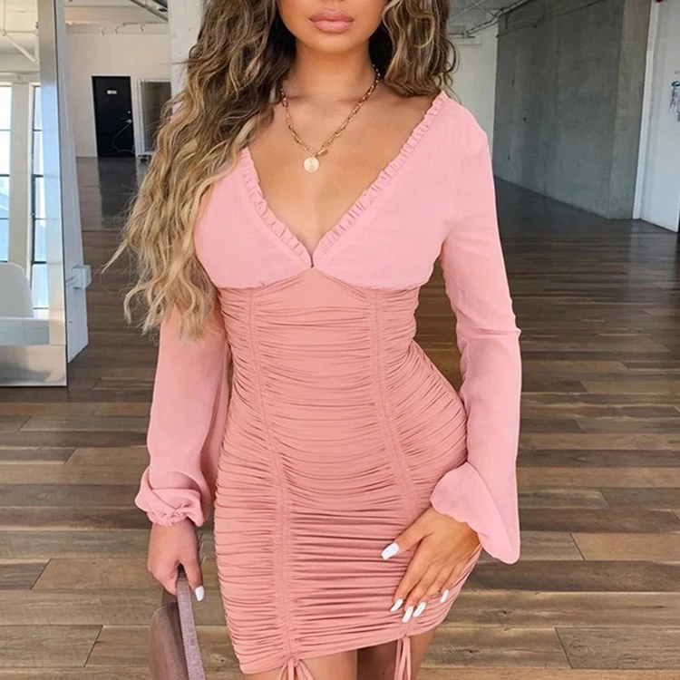 Ready To Ship New style solid Long Sleeved solid Fold Backless Pleated Lace casual dresses