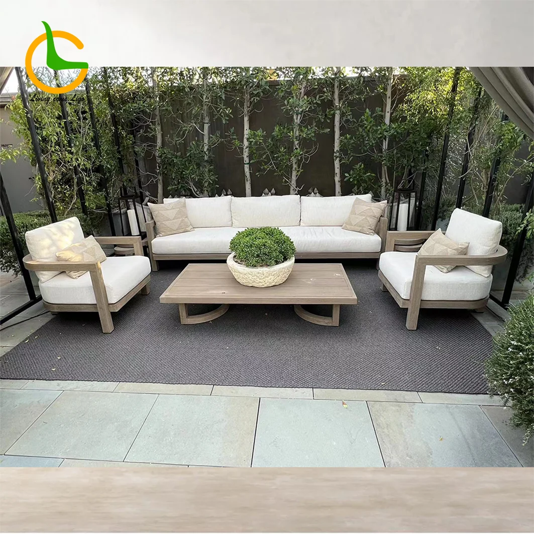 High End Teak Wood Patio Hotel Furniture Backyard Outdoor Teak Garden Sofa Set With Cushions Modern Teak Wood Furniture