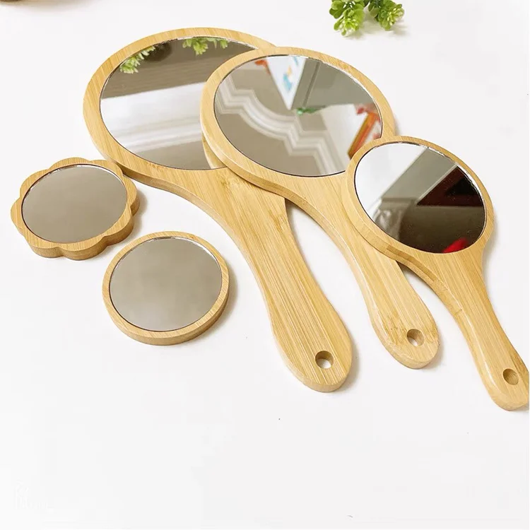 Portable HD Round Wood Vintage Hand Mirror Make Up Mirrors with Handle for Women
