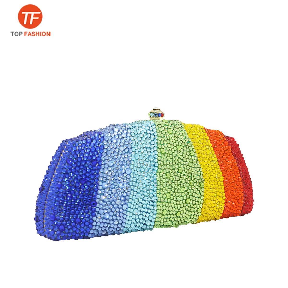 
Factory wholesales Rainbow Colorful Women Crystal Clutch Evening Bags Metal Box Wedding Diamond Bridal Purses 