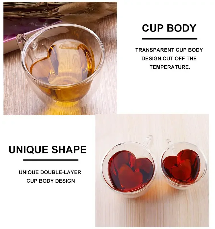 150ml 250ml High borosilicate heart shape double wall glass Espresso coffee cup