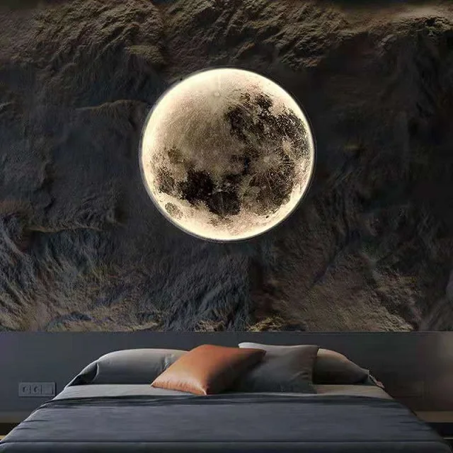 Moon Wall Lamp Modern Creative Corridor Moon Mural Lamp Light Luxury Black Living Room Iron Acrylic Round LED Moon Wall Light