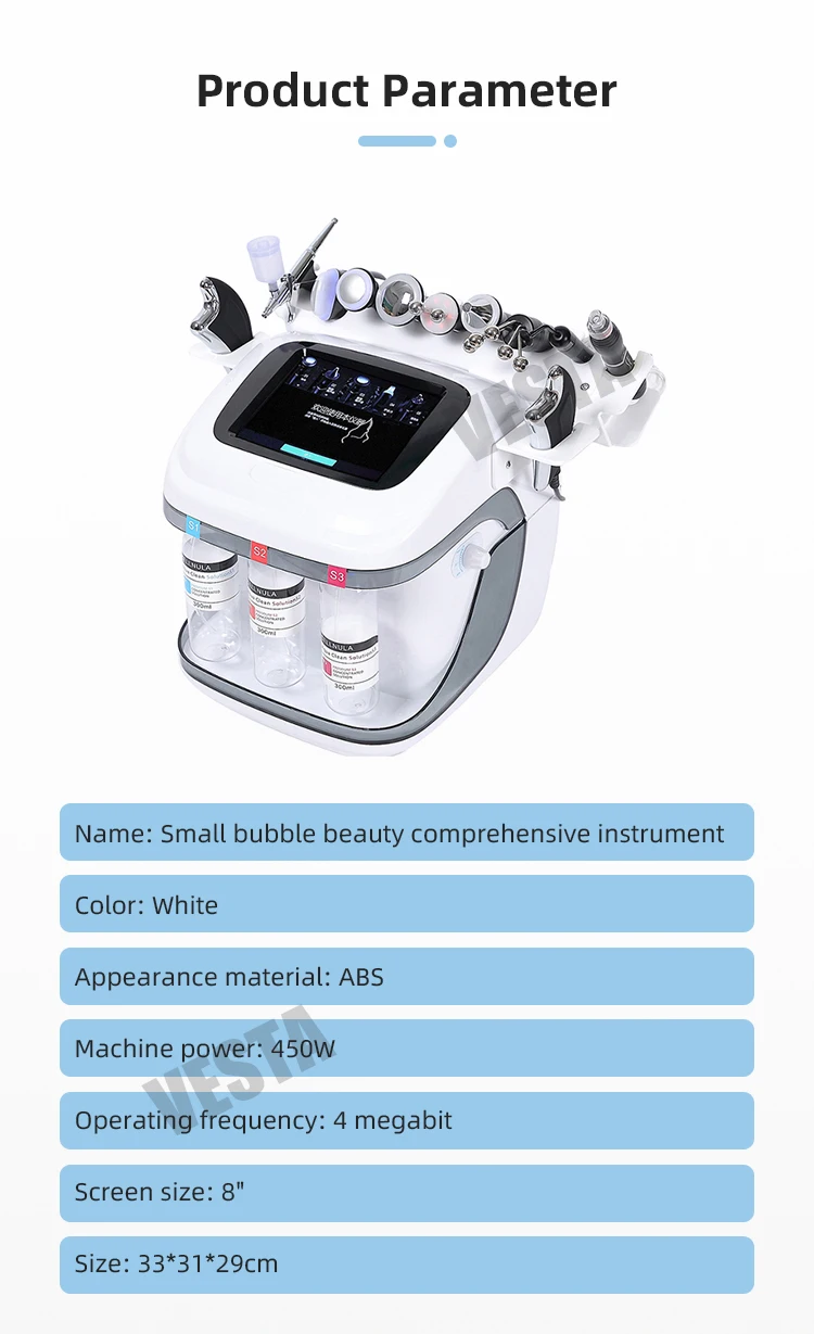 Vesta original factory 10 in 1 small bubble 3 bottles h2o2 skin beauty aqua peel hydro Oxygen facial machine