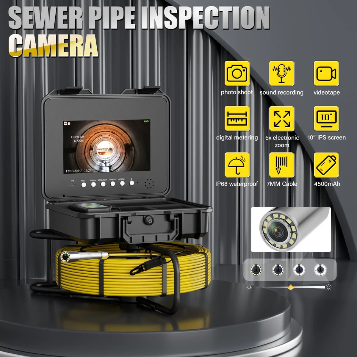 10 inch  Sewer Pipe Inspection Camera with Keyboard Meter Counter DVR  7mm Cable Auto Self-Leveling 512hz  Video Borescope