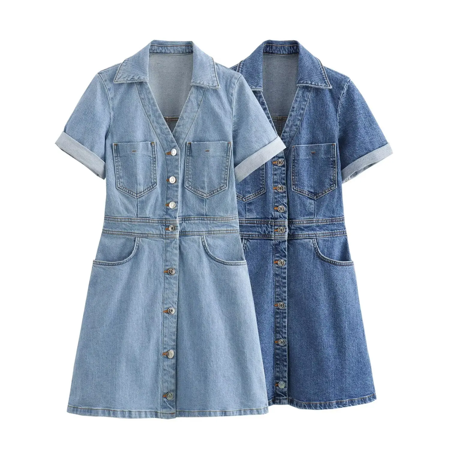 PB&ZA Women 2024 spring New Chic Fashion Denim mini Dress Vintage  Short Sleeve Female Dresses robe Mujer