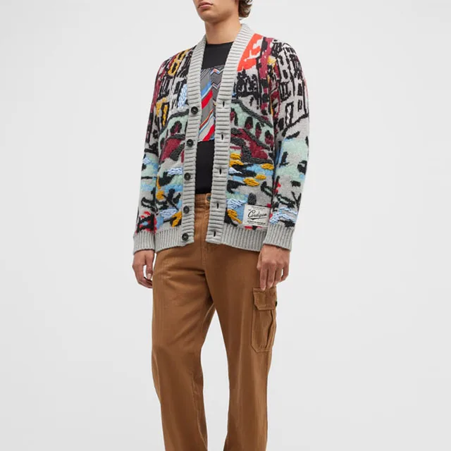 Custom Garment Men Sweater Thick Knit Jacquard Color Knitting Cardigan