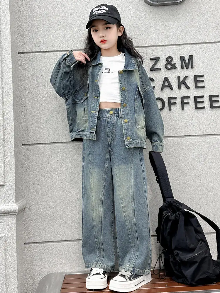 New Design Spring Autumn Girls Cowboy Sets Fashion Lapel Cowboy Coat Wide Leg Pants Sets