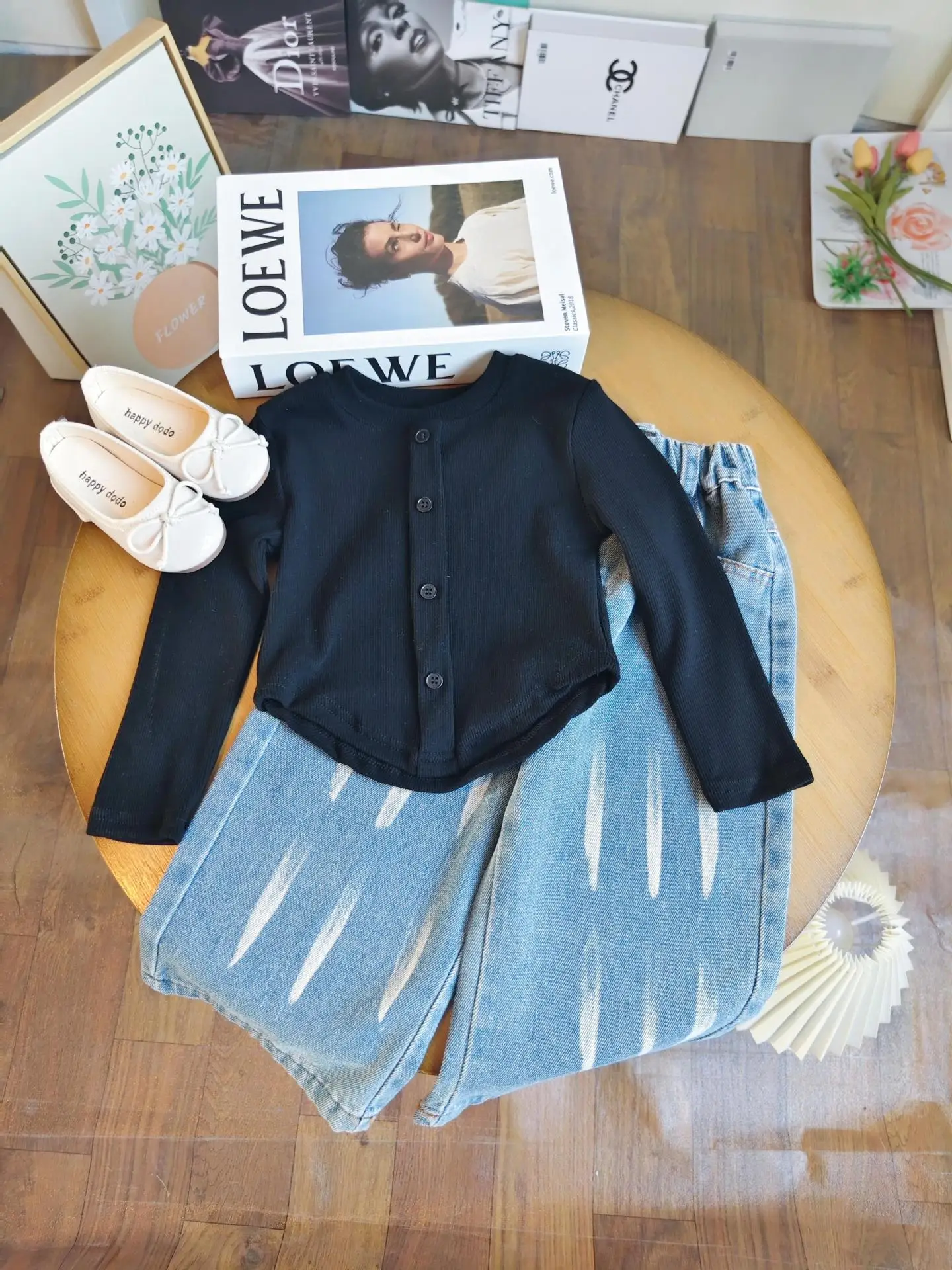 2024 Spring Autumn Korean Girls Suit Black Long Sleeve Irregular Tops Denim Loose Trousers Two Piece Kids Clothes Casual