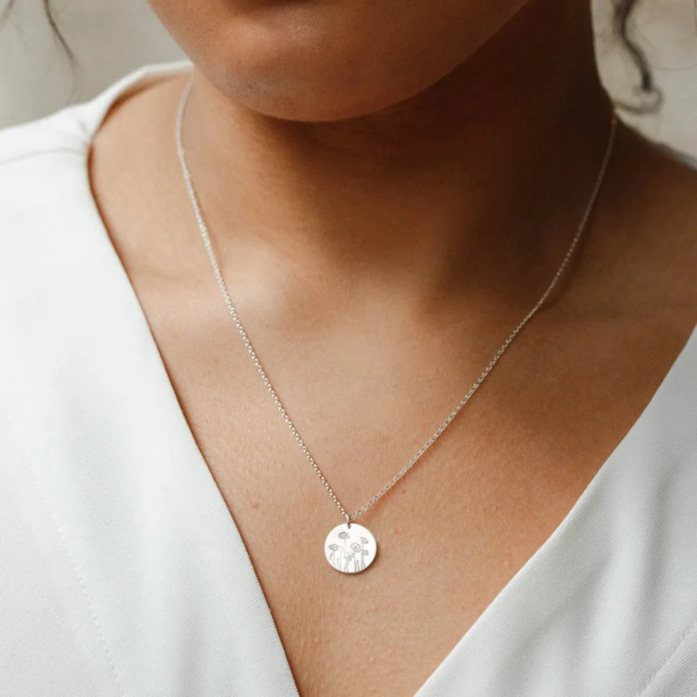 18K Gold Plated Combined Birth Month Flower Disc Necklace Custom Name Stainless Steel 12 Birthday Flower Coin Pendant Necklace