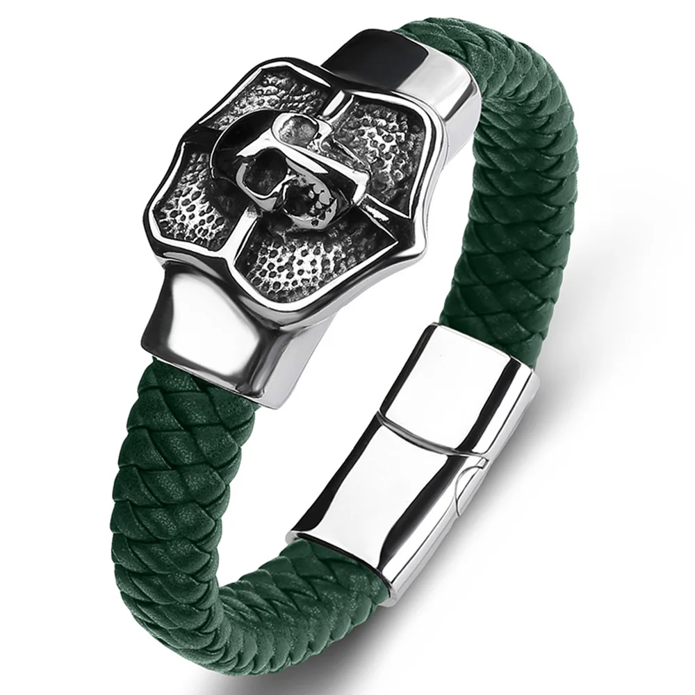 Custom Simple Vintage Braided Single Leather Bracelet Magnetic Tungsten Carbide Skull Bangle Mens