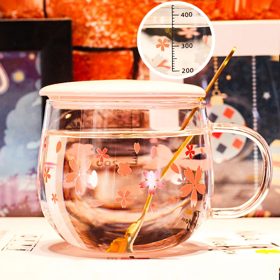  Sakura with a single layer of tea lid cute transparent heat-resistant milk graduated glass