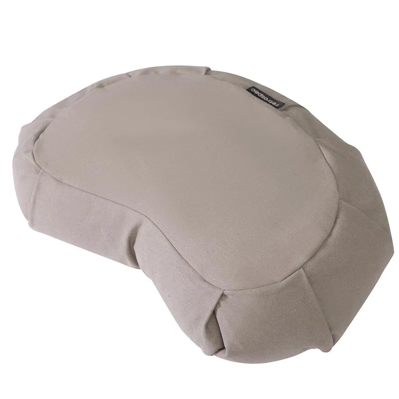Organic Natural Buckwheat Husks Large Crescent Yoga Meditation Cushion sitting on floor