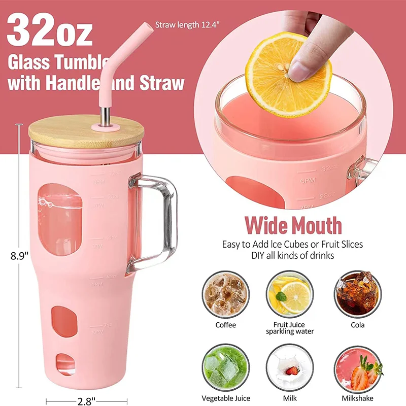 JM-K 2023 New Style 32Oz Borosilicate Glass Mug With Time Marker Tumbler Bamboo Lid and