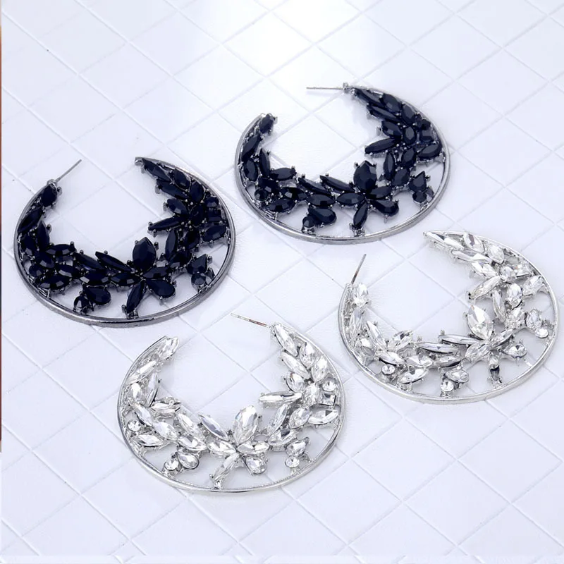 HOVANCI Summer New Micro Paved Diamond Crystal Big C Shape Hoop Earrings Simple Open Hollow Out Crystal Floral Circle Earrings