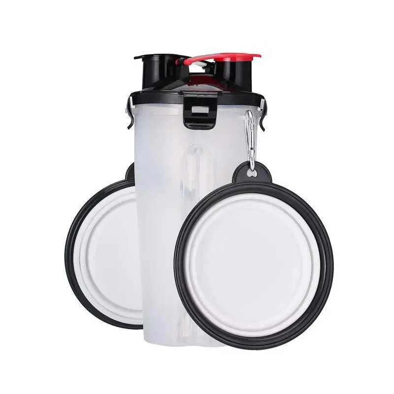 Outdoor portable travel food water 2 in 1 pet feeder bottle with silicone collapsible dog bowl