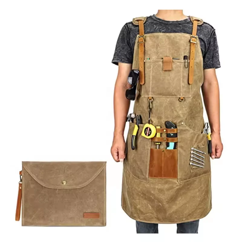 Adjustable Buckle Black Cotton Waxed Canvas Apron Custom Logo For Electrician Tool Work Florist Garden Stylish Apron