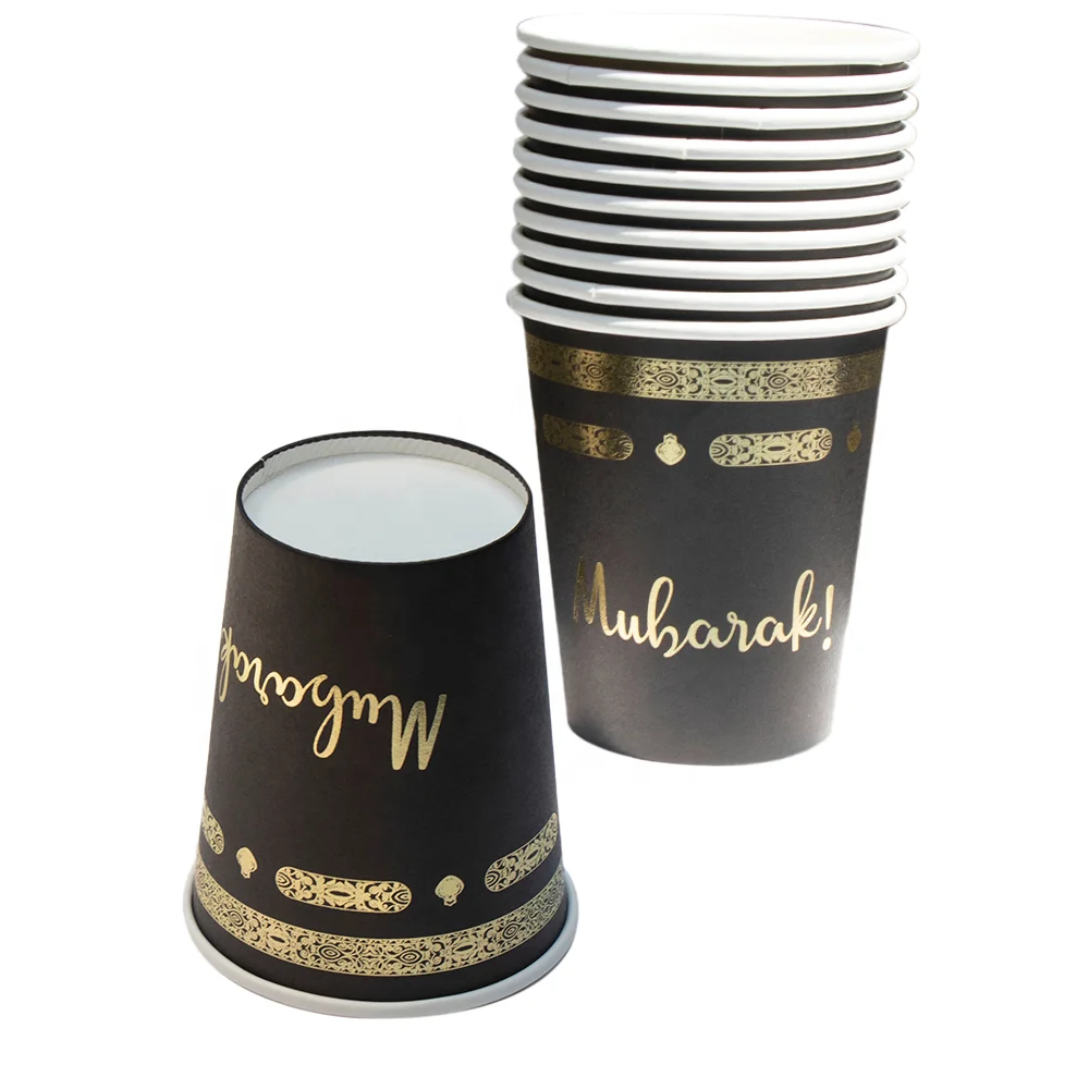 Gold Foiled Disposable Mubarak Tableware Ramadan Kareem Eid Plate Cups Napkins Black Umrah Mubarak Paper Plates