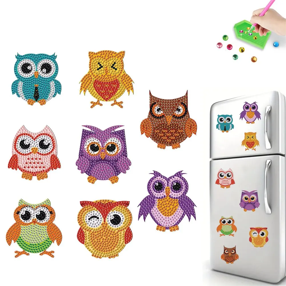 8Pcs Diamond Painting Owl Fridge Stickers  5D DIY Craft Magnet