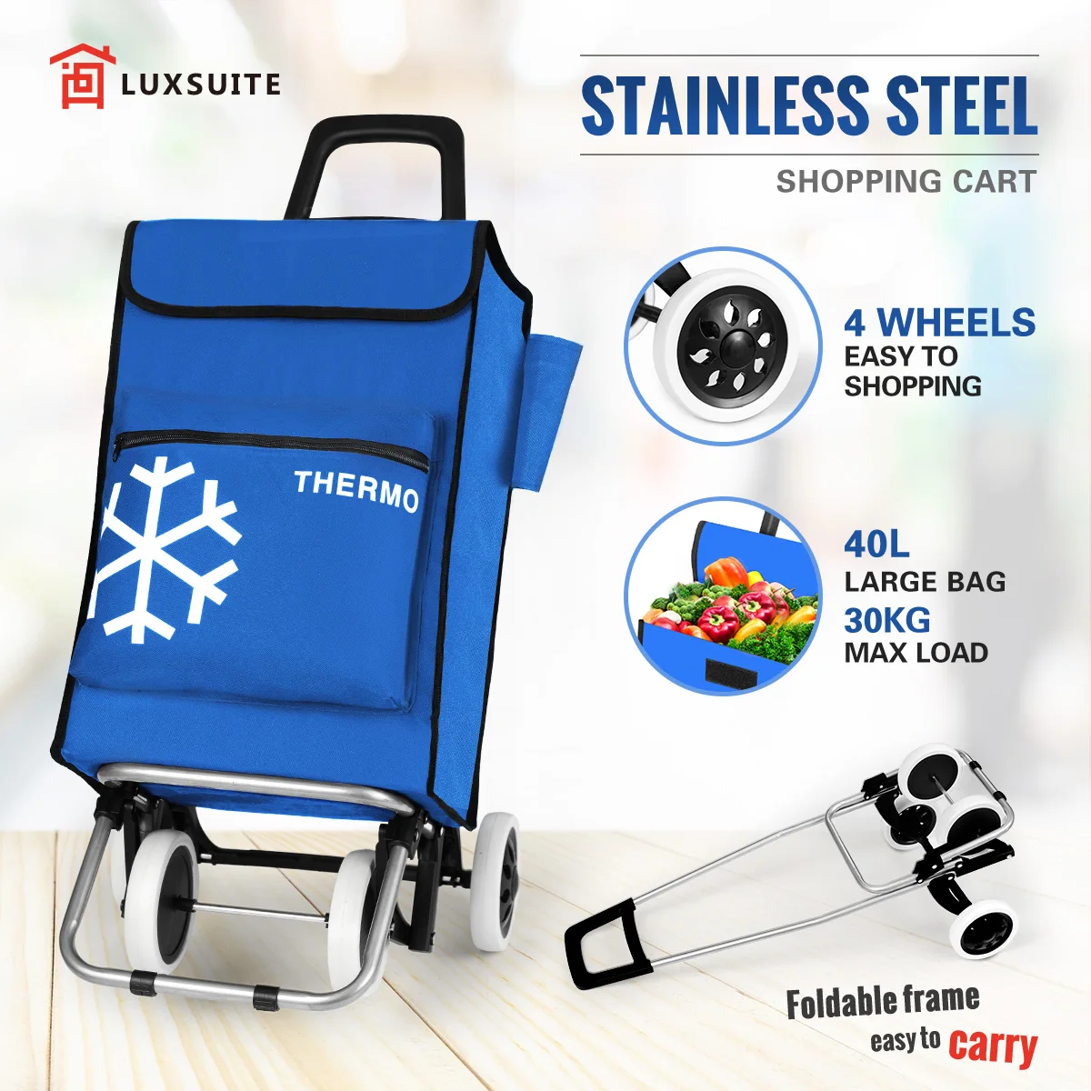 Luxsuite Single-Tier Aluminium Blue 4-Wheel Portable Shopping Trolley Cart Foldable Grocery Bag Market Supermarket Luggage