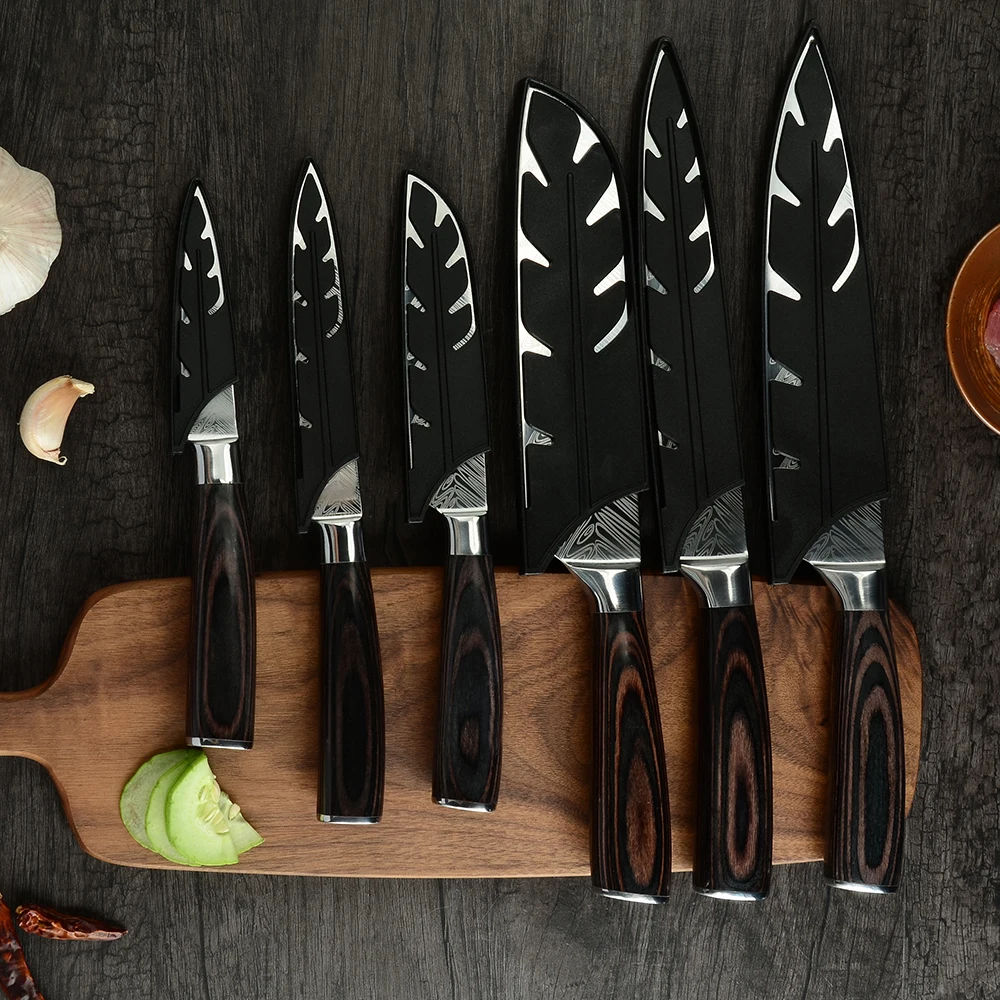 Бесплатная доставка, 6 шт., набор кухонных ножей, деревянная ручка pakka 1,4116, немецкий стальной нож, кухонные ножи из нержавеющей стали с крышкой для ножа