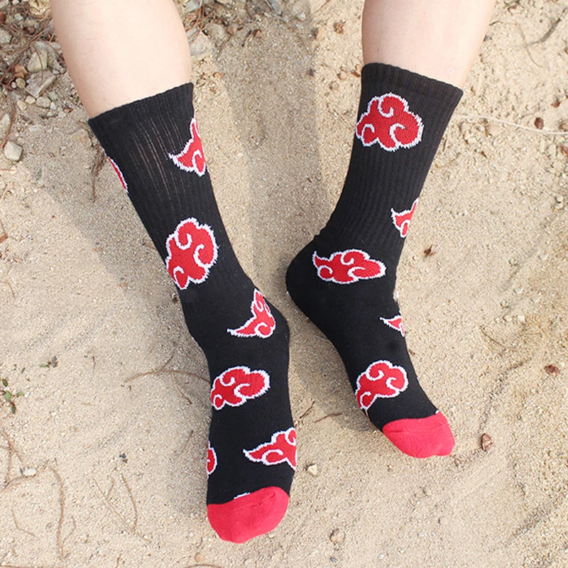 Akatsukied Cartoon middle tube cartoon character personality trend middle tube men women socks Red Cloud Pattern Cushion sock