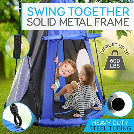 Outdoor and Indoor Kids Adjustable Height Hanging Play Round Swing with Tent