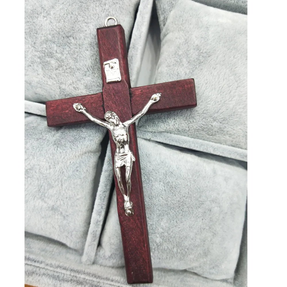 High Quality Wholesale Wine Red Handmade Wood Cross Religious Jesus Blessing Pendant Charms Crucifix