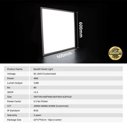 Long Life Span Led Panel 60X60 36W 40W Pf0.9 110Lm/W 600 X 600 Panel Backlit Led