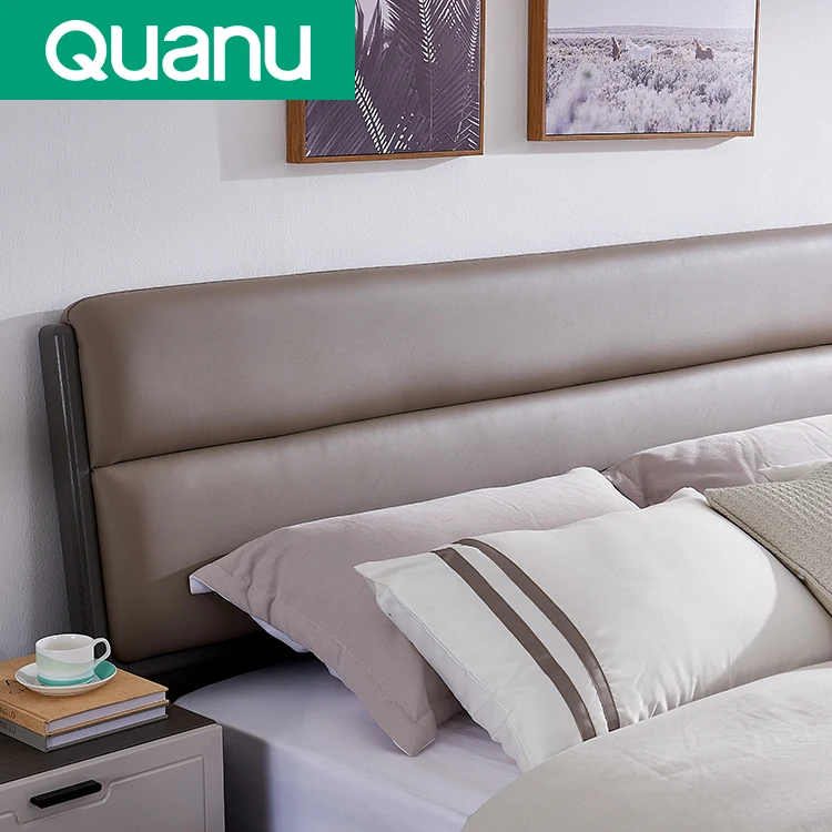 802702 Bedroom Furniture Double Size Wood Modern genuine leather upholstered bed